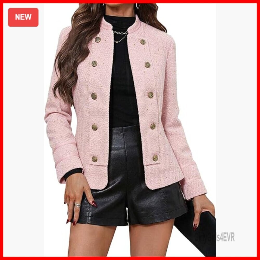 Petite Slim Fit Tweed Blazer Jacket Open Front Double-Breasted Work Coat